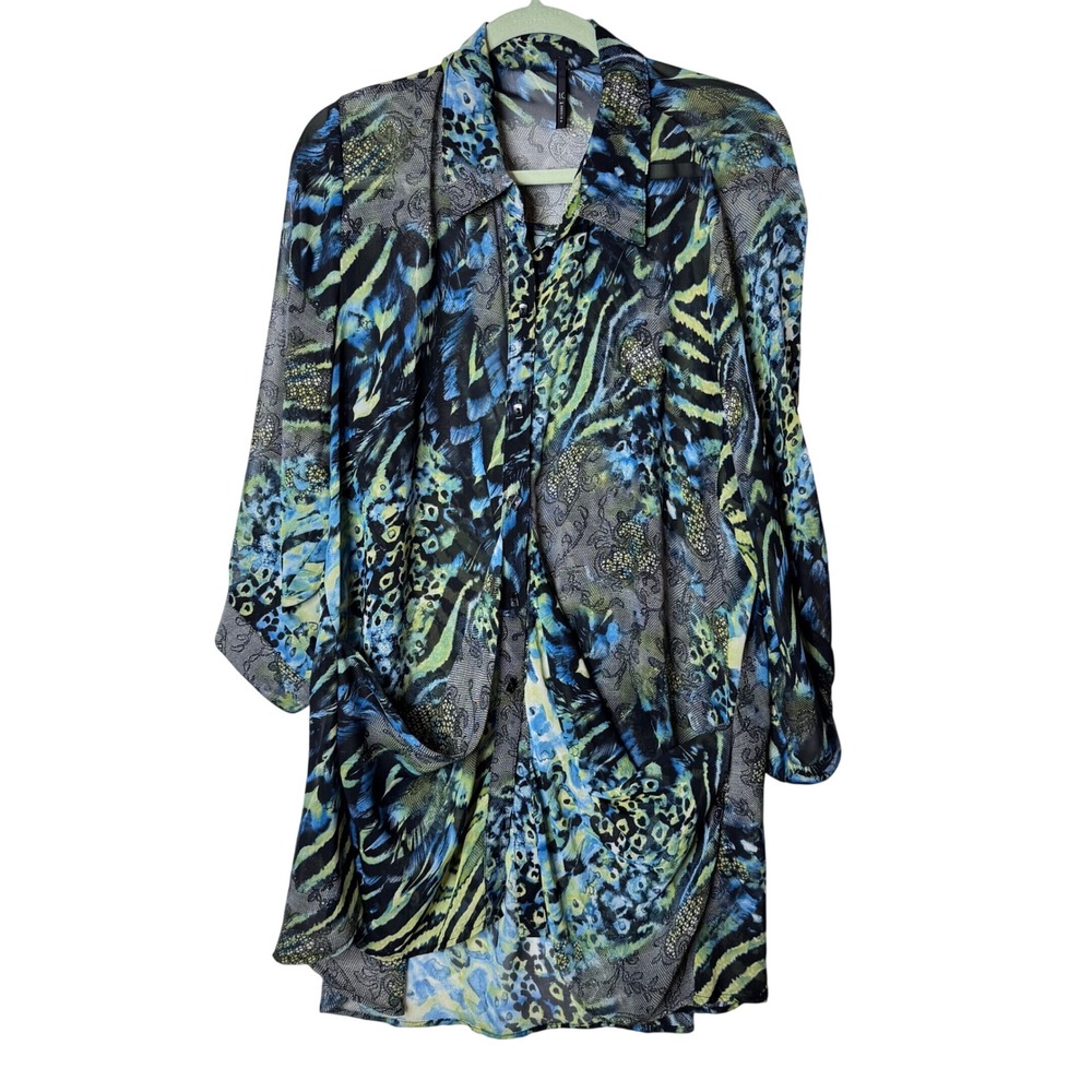 IC by Connie K Tunic Top Sz XL Oversized Drapey Longer Mixed Print Semi Sheer